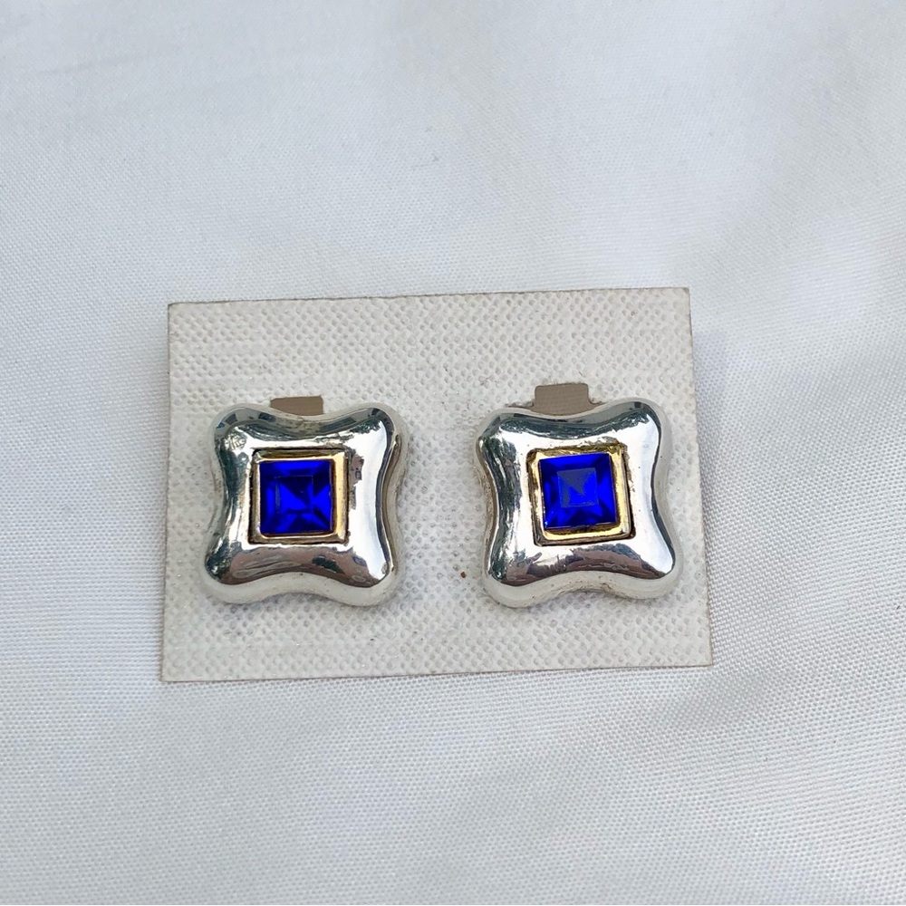 Clip on earrings Royal Blue emerald cut polished silver rounded square colbalt